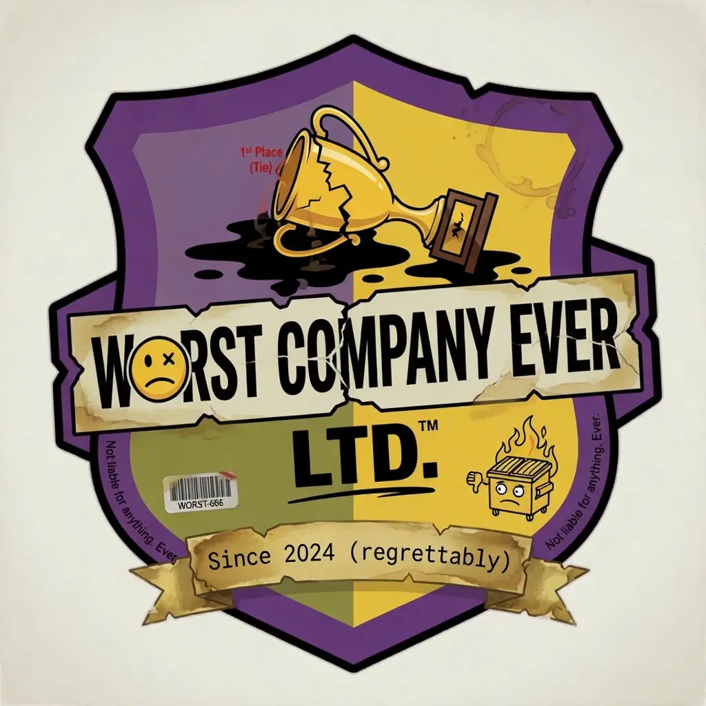 Worst Company Ever Ltd. official crest: a broken trophy, a flaming dumpster, and the motto 'Since 2024 (regrettably).'